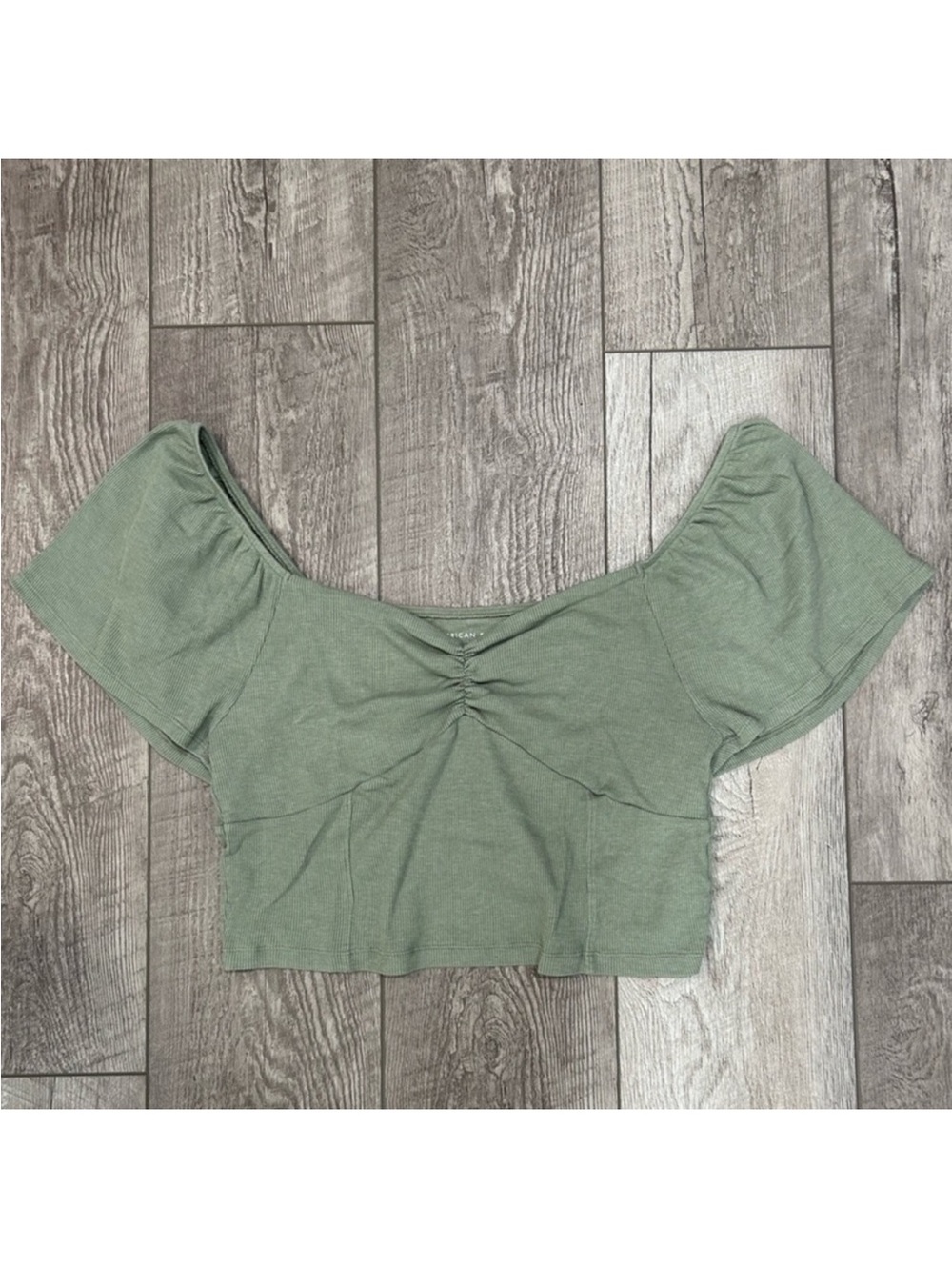 American Eagle Light Green Green Ruched Off-Shoulder Blouse
